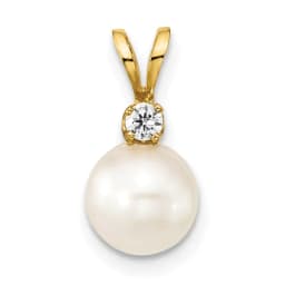 14k 7-8mm White Round Akoya Saltwater Cultured Pearl and 1/20 Carat Diamond Pendant