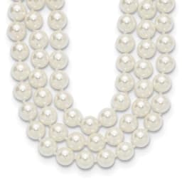 Majestik Sterling Silver Rhodium-finished 3 Row 10-11mm White Imitation Shell Pearl Hand-knotted Necklace