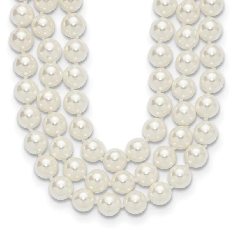 Majestik Sterling Silver Rhodium-finished 3 Row 10-11mm White Imitation Shell Pearl Hand-knotted Necklace