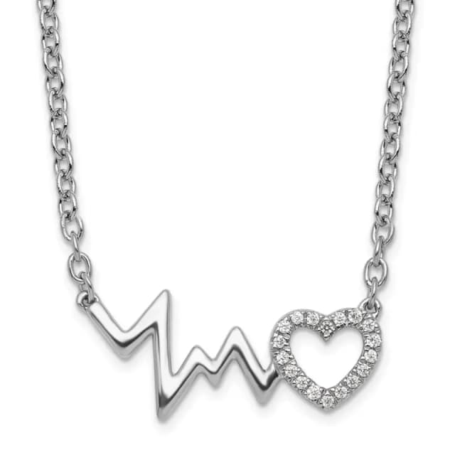 White Ice Sterling Silver Rhodium-finished 18 Inch Diamond Heart with Heartbeat Necklace