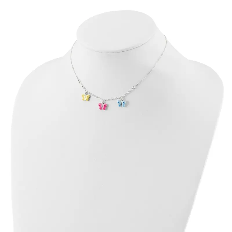 Sterling Silver Polished Yellow, Pink and Blue Enameled Three Butterfly Children's Necklace