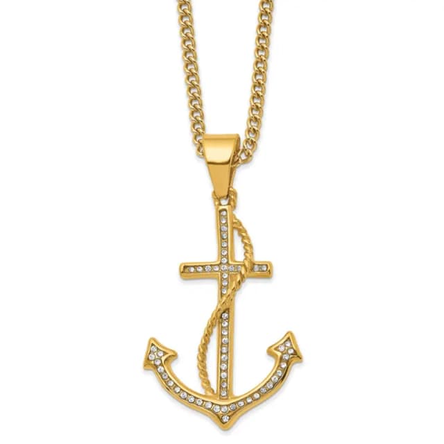 Chisel Stainless Steel Polished Yellow IP-finished with Crystal Anchor Pendant on a 24"