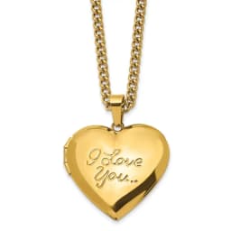 Stainless Steel Polished Yellow IP-finished I LOVE YOU Heart Locket on a 24 inch Curb Chain Necklace