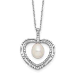Sterling Silver Rhodium-finished 8-9mm White Rice Freshwater Cultured Pearl and CZ Heart 17 inch Necklace