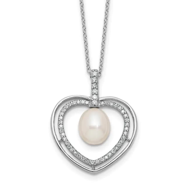 Sterling Silver Rhodium-finished 8-9mm White Rice Freshwater Cultured Pearl and CZ Heart 17 inch Necklace
