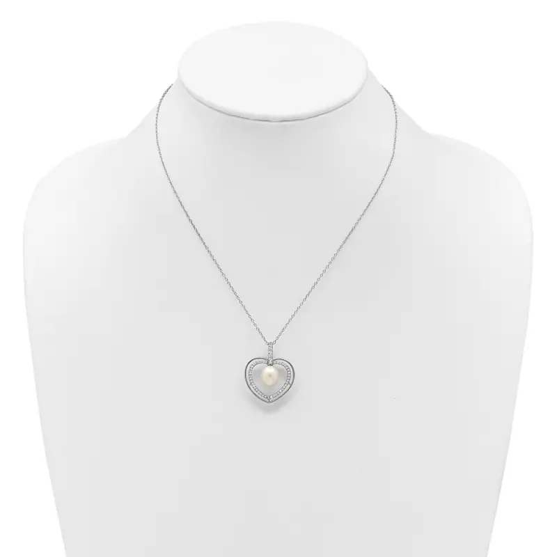 Sterling Silver Rhodium-finished 8-9mm White Rice Freshwater Cultured Pearl and CZ Heart 17 inch Necklace