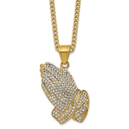 Chisel Stainless Steel Polished Yellow IP-finished with Crystal Praying Hands Pendant on a 24 inch Curb Chain Necklace