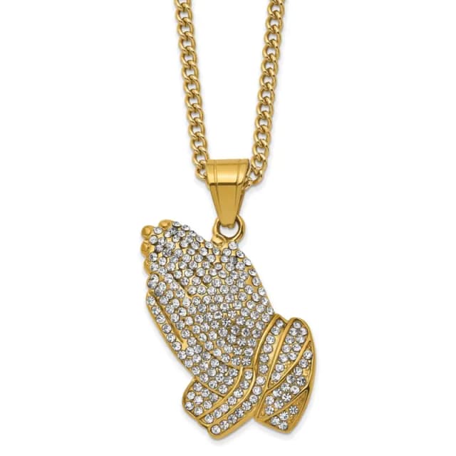 Chisel Stainless Steel Polished Yellow IP-finished with Crystal Praying Hands Pendant on a 24 inch Curb Chain Necklace
