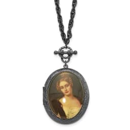 1928 Jewelry Black-finished 47mm Oval Locket with Victorian Woman 30 inch Necklace Holds 2 Photos