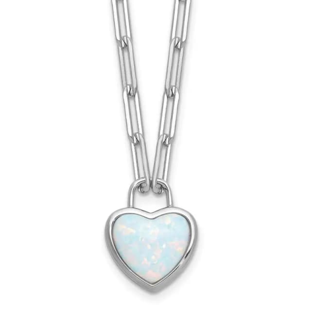 Cheryl M Sterling Silver Rhodium-finished Polished Created Opal Heart Paperclip Link Necklace