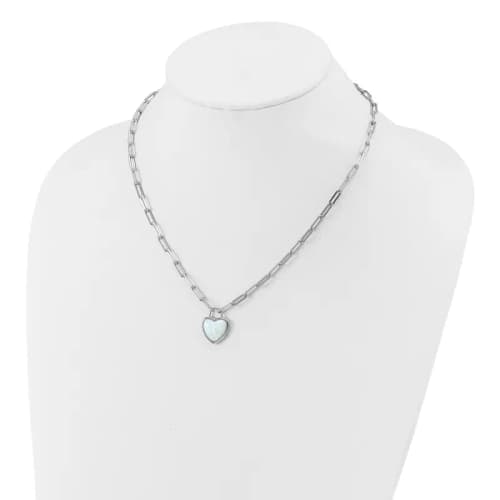 Cheryl M Sterling Silver Rhodium-finished Polished Created Opal Heart Paperclip Link Necklace