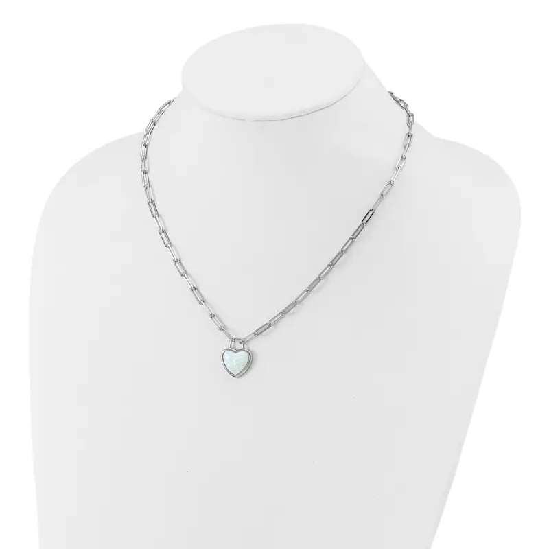 Cheryl M Sterling Silver Rhodium-finished Polished Created Opal Heart Paperclip Link Necklace