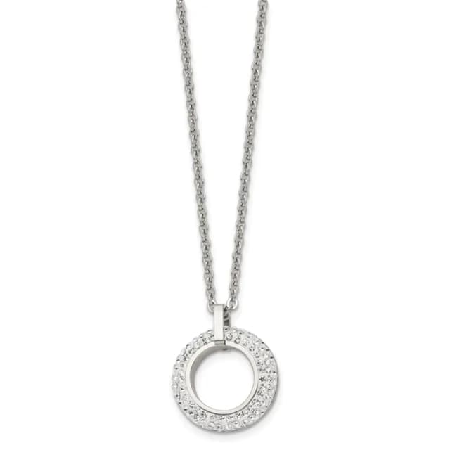 Chisel Stainless Steel Polished White Enameled with Crystals Open Circle Pendant on an 18 inch Cable Chain Necklace