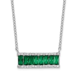 Cheryl M Sterling Silver Rhodium-finished Emerald-cut Green Nano Crystal and Brilliant-cut White CZ Bar 18 Inch Necklace
