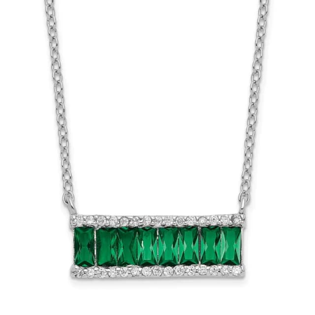 Cheryl M Sterling Silver Rhodium-finished Emerald-cut Green Nano Crystal and Brilliant-cut White CZ Bar 18 Inch Necklace