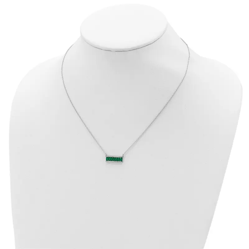 Cheryl M Sterling Silver Rhodium-finished Emerald-cut Green Nano Crystal and Brilliant-cut White CZ Bar 18 Inch Necklace