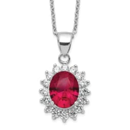 Cheryl M Sterling Silver Rhodium-plated Brilliant-cut Lab Created Ruby and Brilliant-cut White Cubic Zirconia Oval Halo 18.25 Inch Necklace