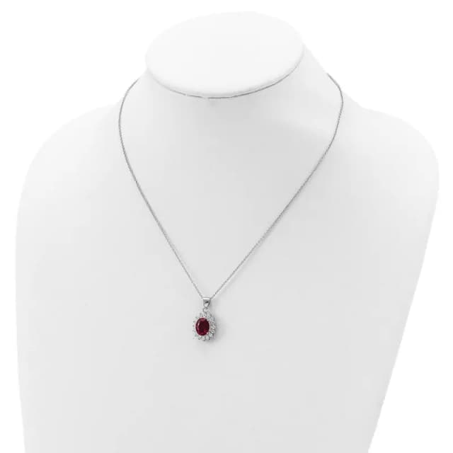 Cheryl M Sterling Silver Rhodium-plated Brilliant-cut Lab Created Ruby and Brilliant-cut White Cubic Zirconia Oval Halo 18.25 Inch Necklace