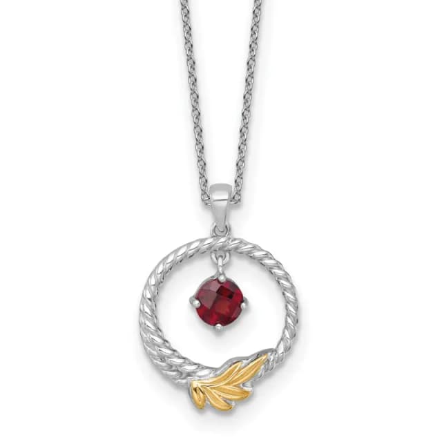 Shey Couture Sterling Silver Rhodium-finished Twisted Circle with 14k Leaf Accent Round Garnet Dangle 18 inch with 2 inch Extension Necklace