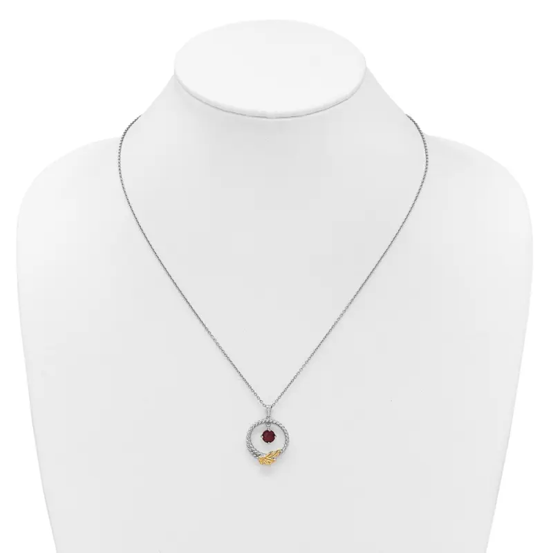 Shey Couture Sterling Silver Rhodium-finished Twisted Circle with 14k Leaf Accent Round Garnet Dangle 18 inch with 2 inch Extension Necklace