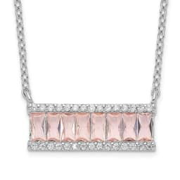 Cheryl M Sterling Silver Rhodium-finished Emerald-cut Pink Nano Crystal and White Brilliant-cut CZ Bar 18 Inch Necklace