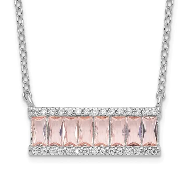 Cheryl M Sterling Silver Rhodium-finished Emerald-cut Pink Nano Crystal and White Brilliant-cut CZ Bar 18 Inch Necklace