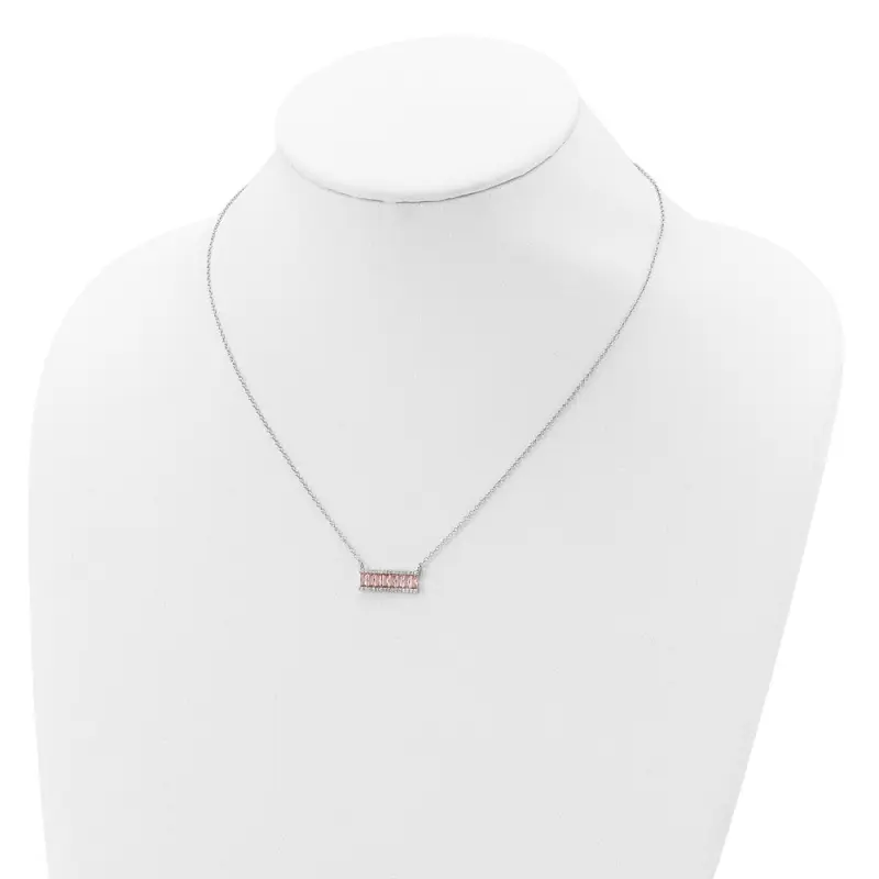 Cheryl M Sterling Silver Rhodium-finished Emerald-cut Pink Nano Crystal and White Brilliant-cut CZ Bar 18 Inch Necklace