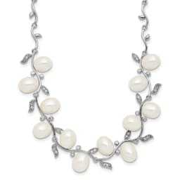 Sterling Silver Rhodium-finished 6-8m White Teardrop Freshwater Cultured Pearl and CZ Leaf 17 inch Necklace