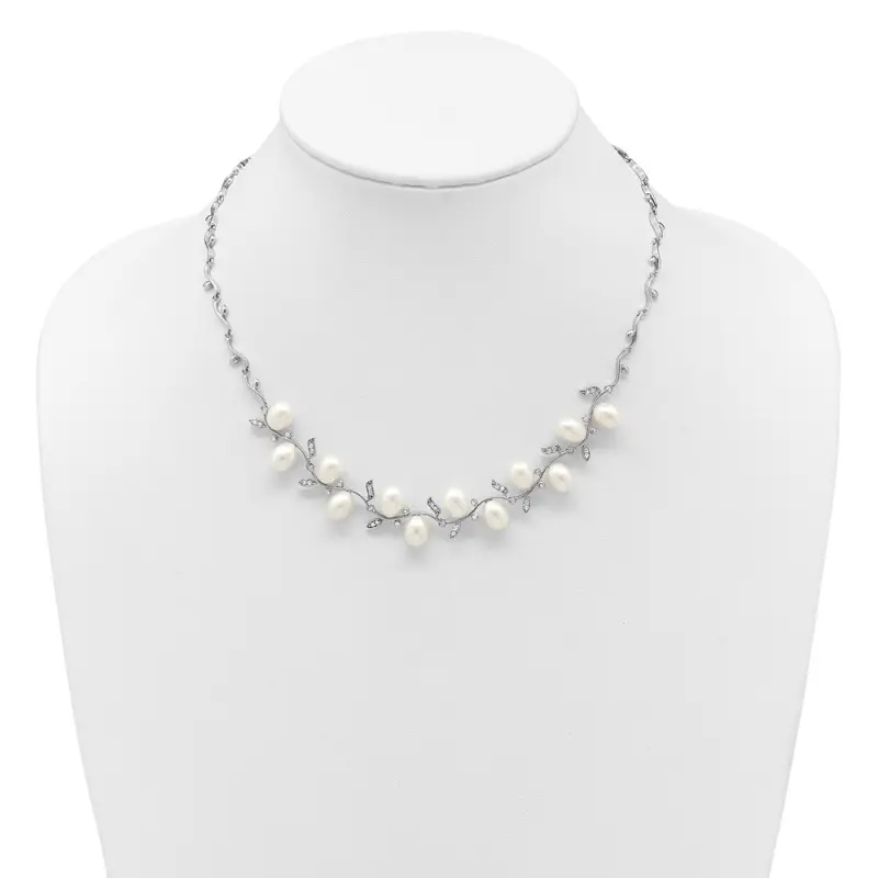 Sterling Silver Rhodium-finished 6-8m White Teardrop Freshwater Cultured Pearl and CZ Leaf 17 inch Necklace