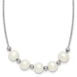 Sterling Silver Rhodium-finished White Semi-Round Freshwater Cultured Pearl Beaded 16 inch with 2 inch Extension Necklace