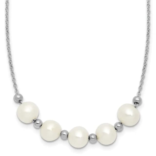 Sterling Silver Rhodium-finished White Semi-Round Freshwater Cultured Pearl Beaded 16 inch with 2 inch Extension Necklace