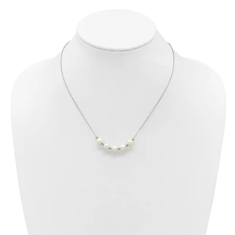 Sterling Silver Rhodium-finished White Semi-Round Freshwater Cultured Pearl Beaded 16 inch with 2 inch Extension Necklace