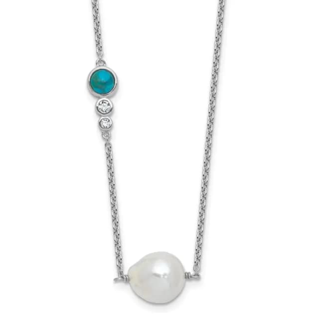 Sterling Silver RH-finished CZ Com. Turquoise FWC Pearl w 2in ext Necklace
