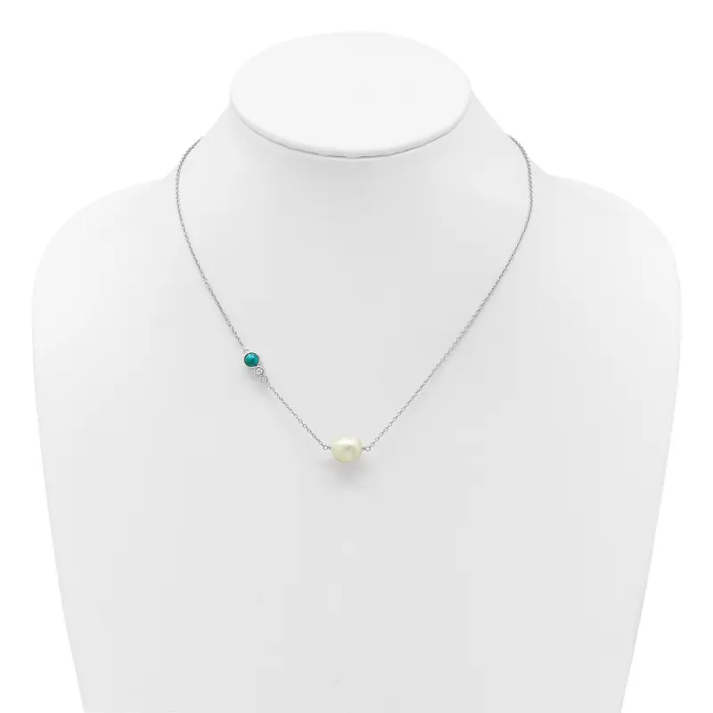 Sterling Silver RH-finished CZ Com. Turquoise FWC Pearl w 2in ext Necklace