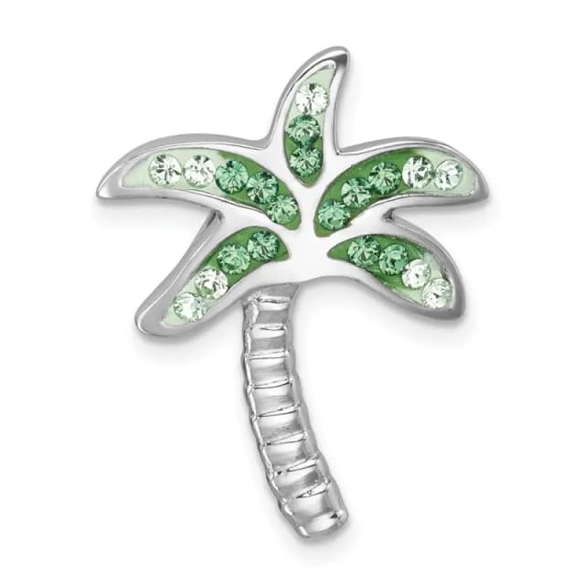Sterling Silver Rhodium-finished Polished Green Crystal Palm Tree Chain Slide