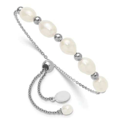 Sterling Silver RH-finished Polished and Beaded 7x8mmFWC Pearl Adjustable Bolo Bracelet