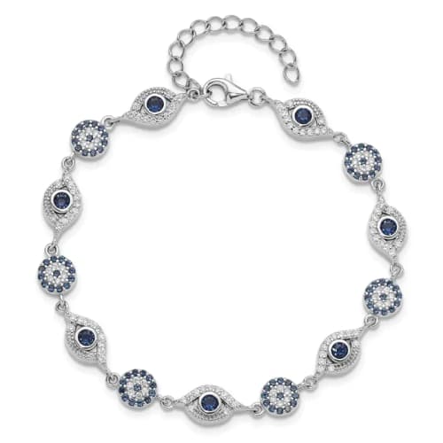 Sterling Silver RH-finished Blue White CZ Evil Eye 7.25in w/1.5in ext. Bracel