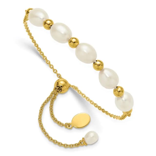Sterling Silver Gold-tone Polished and Beaded 7x8mmFWC Pearl Adjustable Bolo Bracelet