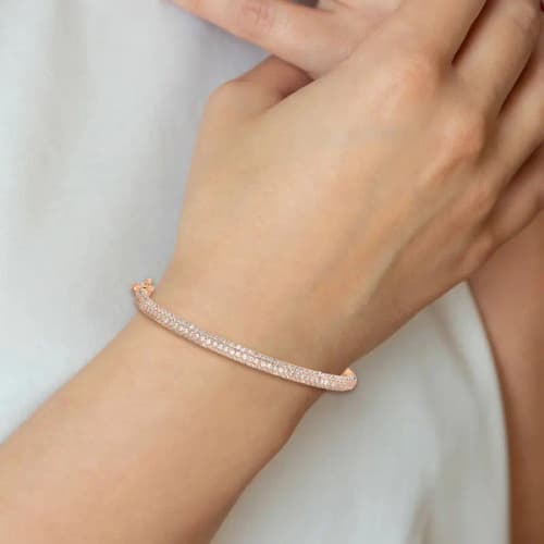 Sterling Shimmer Sterling Silver Rose-tone Flash Rose Gold-finished 175 Stone Pav‚ CZ Hinged Bangle Bracelet