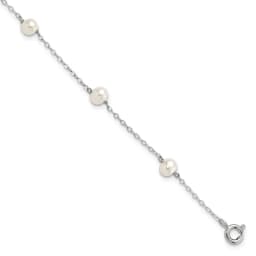 Sterling Silver Rhodium-finished 4-5mm White Semi-Round Freshwater Cultured Pearl 5-Station 7 inch Bracelet