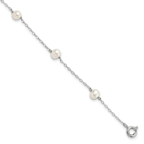 Sterling Silver Rhodium-finished 4-5mm White Semi-Round Freshwater Cultured Pearl 5-Station 7 inch Bracelet