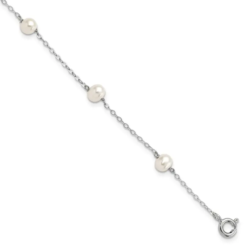 Sterling Silver Rhodium-finished 4-5mm White Semi-Round Freshwater Cultured Pearl 5-Station 7 inch Bracelet
