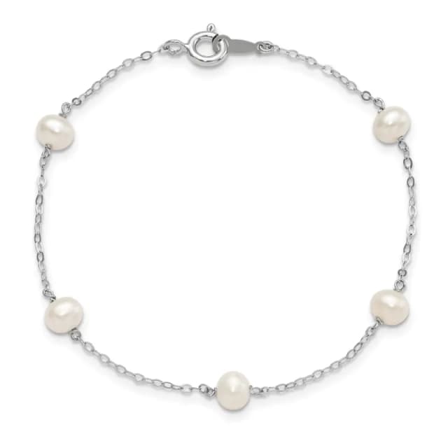 Sterling Silver Rhodium-finished 4-5mm White Semi-Round Freshwater Cultured Pearl 5-Station 7 inch Bracelet