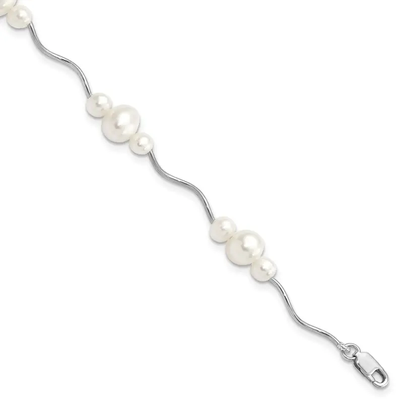 Sterling Silver Rhodium-finished 3-6mm White Near-Round Freshwater Cultured Pearl 7.25 inch Bracelet