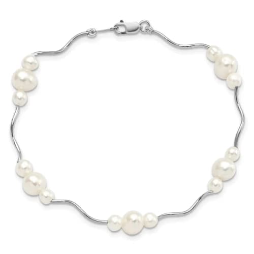 Sterling Silver Rhodium-finished 3-6mm White Near-Round Freshwater Cultured Pearl 7.25 inch Bracelet