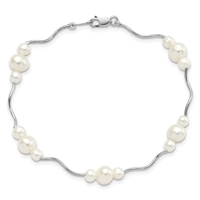 Sterling Silver Rhodium-finished 3-6mm White Near-Round Freshwater Cultured Pearl 7.25 inch Bracelet