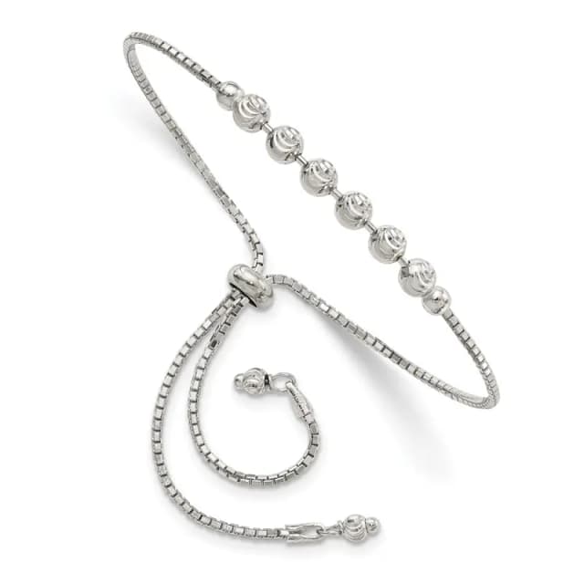 Sterling Silver Rhodium-finished Diamond-cut Beaded Adjustable Bracelet