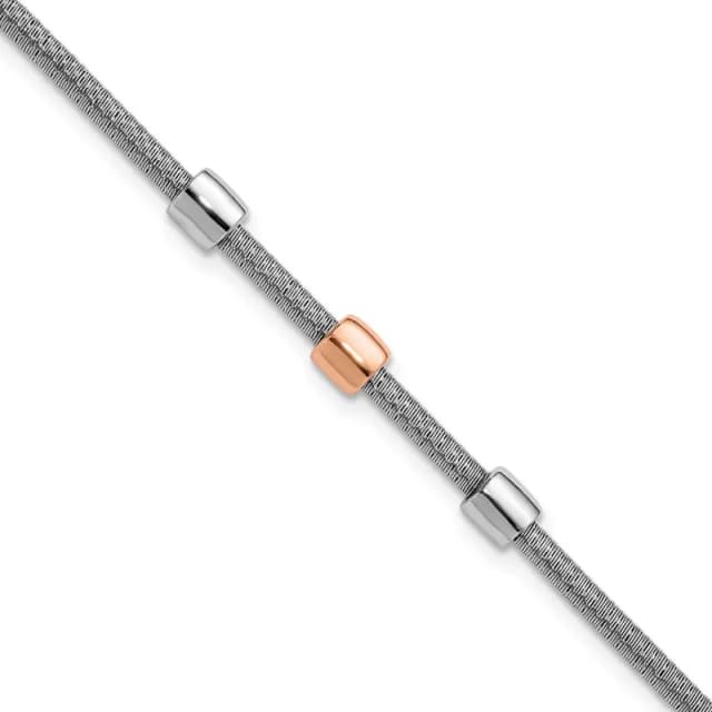 Sterling Sterling RH-finished/Rose Gold-finished Station w/1in Ext. Bracelet
