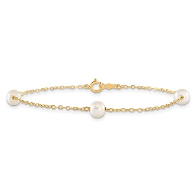 14k 5-6mm White Near-Round Freshwater Cultured Pearl 3-Station 7.25 inch Bracelet