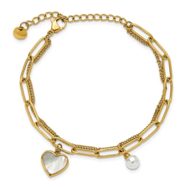 Chisel Stainless Steel Polished Yellow IP-finished Mother of Pearl Heart and Simulated Pearl 6.5 inch Plus a 2 inch Extension Bracelet